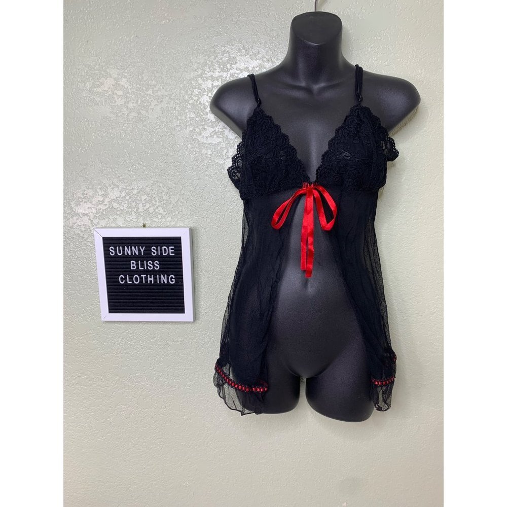 Black Lace Mesh Open Front Lingerie Babydoll Top w/ Red Ribbon Tie Size XL
